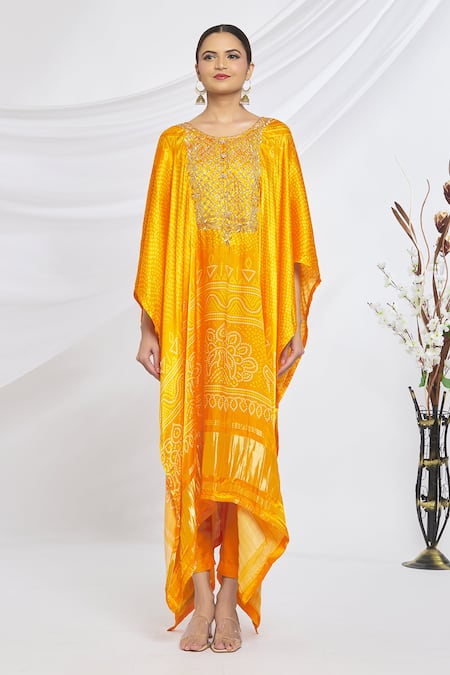 Samyukta Singhania_Blue , Satin Pearls Round Neck Bandhani Print Poncho And Pant Set _Online_at_Aza_Fashions