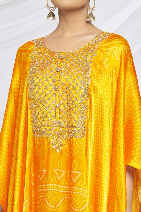 Shop_Samyukta Singhania_Blue , Satin Pearls Round Neck Bandhani Print Poncho And Pant Set _Online_at_Aza_Fashions