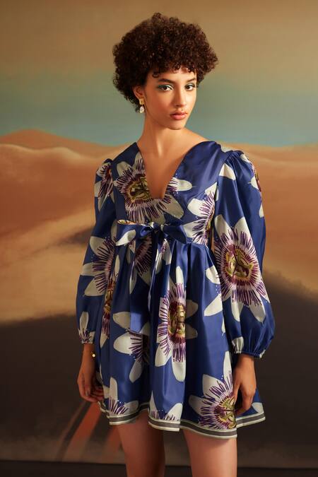 Verb By Pallavi Singhee_Blue Cotton Satin Bows V-neck Floral Print Swing Dress _Online_at_Aza_Fashions