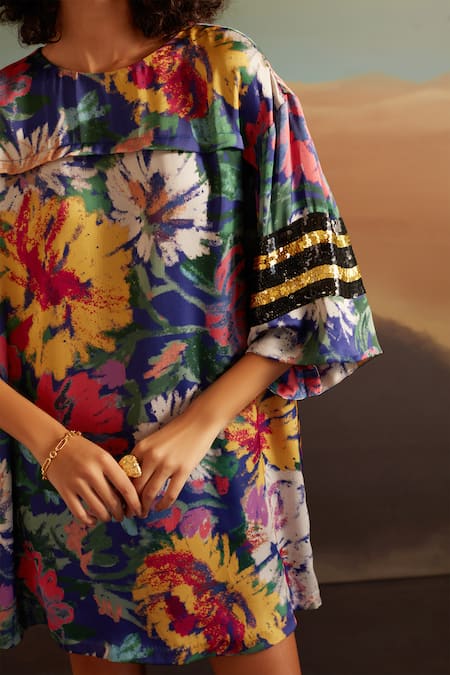 Verb By Pallavi Singhee_Blue Viscose, Crepe Sequins Round Neck Floral Print Shift Dress _Online_at_Aza_Fashions