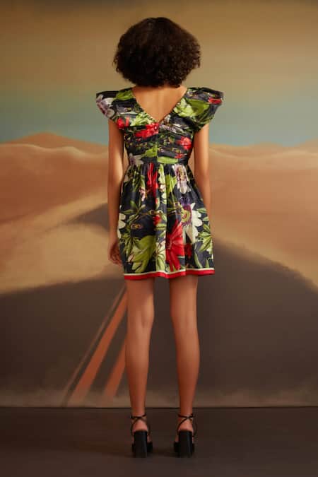 Shop Verb By Pallavi Singhee Black Cotton Satin V-neck Floral Print Short Dress at Aza Fashions Shop_Verb By Pallavi Singhee_Black Cotton Satin V-neck Floral Print Short Dress _at_Aza_Fashions