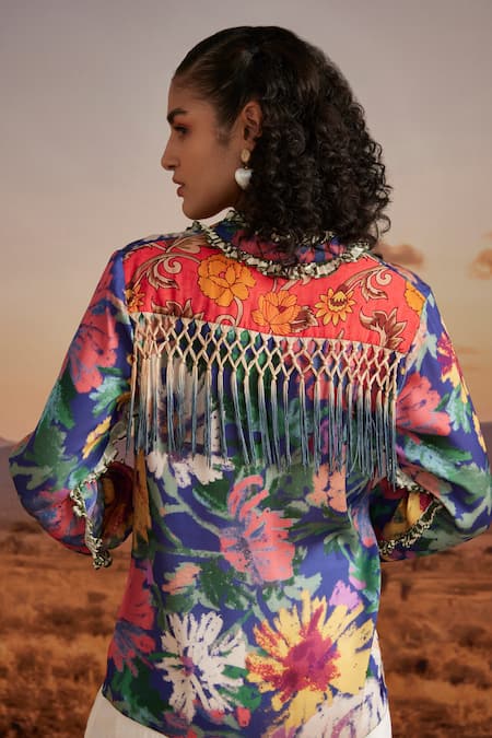 Shop Verb By Pallavi Singhee Blue Viscose, Crepe Embroidery Round Neck Floral Pattern Fringed Shirt at Aza Fashions Shop_Verb By Pallavi Singhee_Blue Viscose, Crepe Embroidery Round Neck Floral Pattern Fringed Shirt _at_Aza_Fashions