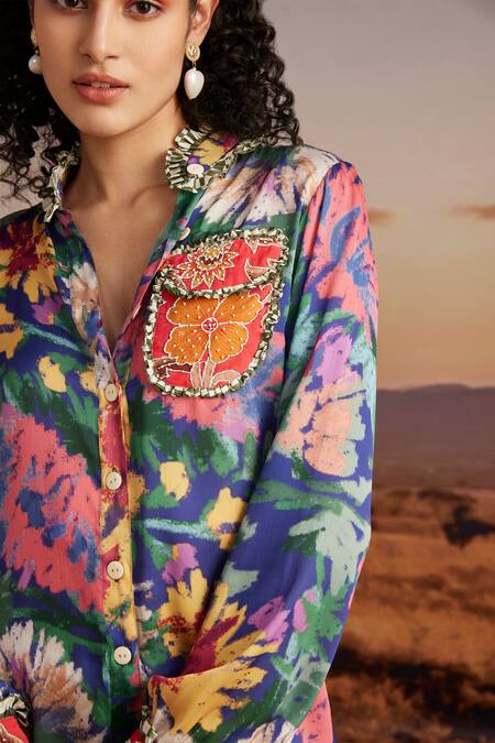 Verb By Pallavi Singhee Blue Viscose, Crepe Embroidery Round Neck Floral Pattern Fringed Shirt Online at Aza Fashions Verb By Pallavi Singhee_Blue Viscose, Crepe Embroidery Round Neck Floral Pattern Fringed Shirt _Online_at_Aza_Fashions