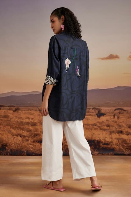 Shop Verb By Pallavi Singhee Blue Cotton Embroidery Collared Patchwork Shirt at Aza Fashions Shop_Verb By Pallavi Singhee_Blue Cotton Embroidery Collared Patchwork Shirt _at_Aza_Fashions