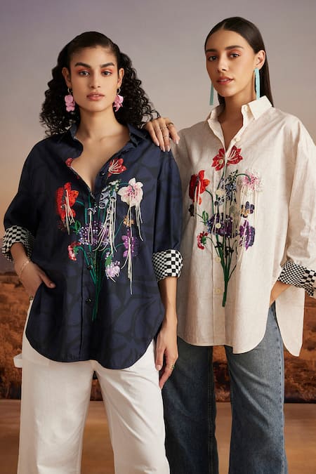 Verb By Pallavi Singhee Blue Cotton Embroidery Collared Patchwork Shirt Online at Aza Fashions Verb By Pallavi Singhee_Blue Cotton Embroidery Collared Patchwork Shirt _Online_at_Aza_Fashions