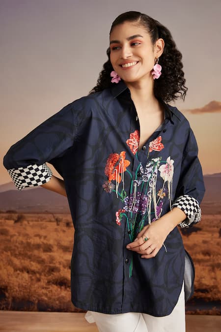 Buy Verb By Pallavi Singhee Blue Cotton Embroidery Collared Patchwork Shirt Online at Aza Fashions Buy_Verb By Pallavi Singhee_Blue Cotton Embroidery Collared Patchwork Shirt _Online_at_Aza_Fashions