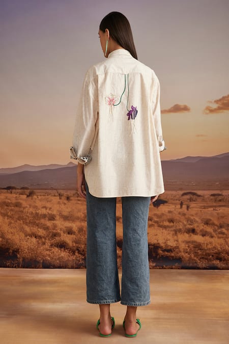 Shop Verb By Pallavi Singhee Beige Cotton Sequins, Patchwork Collared Floral Embroidered Shirt at Aza Fashions Shop_Verb By Pallavi Singhee_Beige Cotton Sequins, Patchwork Collared Floral Embroidered Shirt _at_Aza_Fashions