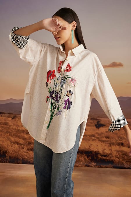 Verb By Pallavi Singhee Beige Cotton Sequins, Patchwork Collared Floral Embroidered Shirt Online at Aza Fashions Verb By Pallavi Singhee_Beige Cotton Sequins, Patchwork Collared Floral Embroidered Shirt _Online_at_Aza_Fashions