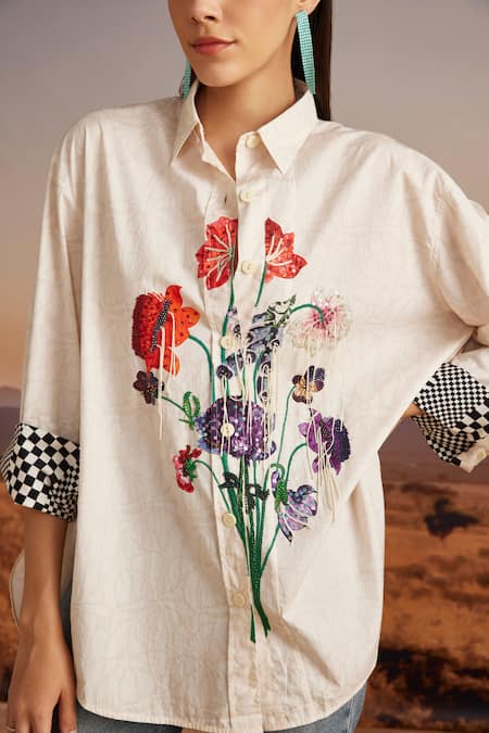 Buy Verb By Pallavi Singhee Beige Cotton Sequins, Patchwork Collared Floral Embroidered Shirt Online at Aza Fashions Buy_Verb By Pallavi Singhee_Beige Cotton Sequins, Patchwork Collared Floral Embroidered Shirt _Online_at_Aza_Fashions