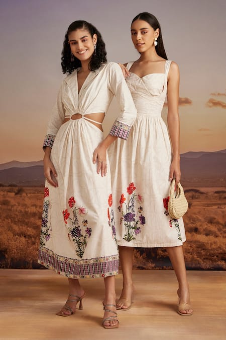 Buy Verb By Pallavi Singhee Beige Cotton Embroidery, Sequins Collared Hem Printed Dress Online at Aza Fashions Buy_Verb By Pallavi Singhee_Beige Cotton Embroidery, Sequins Collared Hem Printed Dress _Online_at_Aza_Fashions