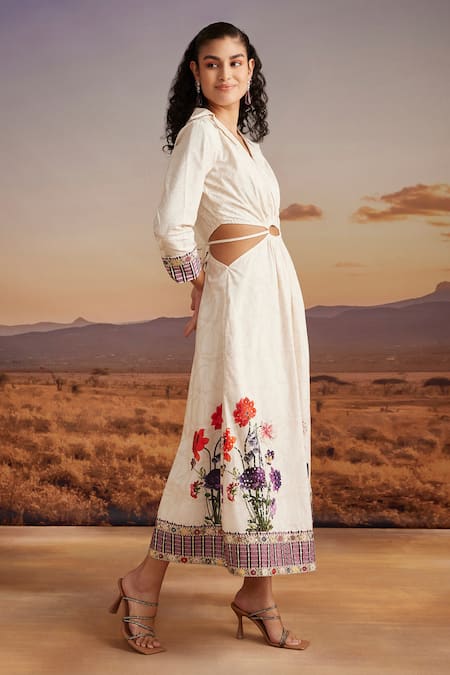 Shop Verb By Pallavi Singhee Beige Cotton Embroidery, Sequins Collared Hem Printed Dress Online at Aza Fashions Shop_Verb By Pallavi Singhee_Beige Cotton Embroidery, Sequins Collared Hem Printed Dress _Online_at_Aza_Fashions