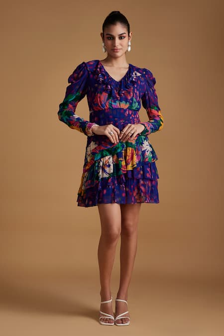 Verb By Pallavi Singhee Blue Viscose, Georgette Ruffles V-neck Floral Print Frilled Short Dress 