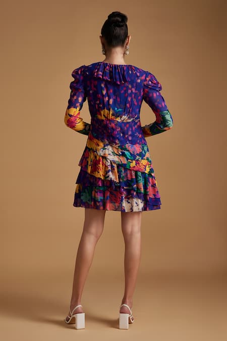 Shop Verb By Pallavi Singhee Blue Viscose, Georgette Ruffles V-neck Floral Print Frilled Short Dress at Aza Fashions Shop_Verb By Pallavi Singhee_Blue Viscose, Georgette Ruffles V-neck Floral Print Frilled Short Dress _at_Aza_Fashions