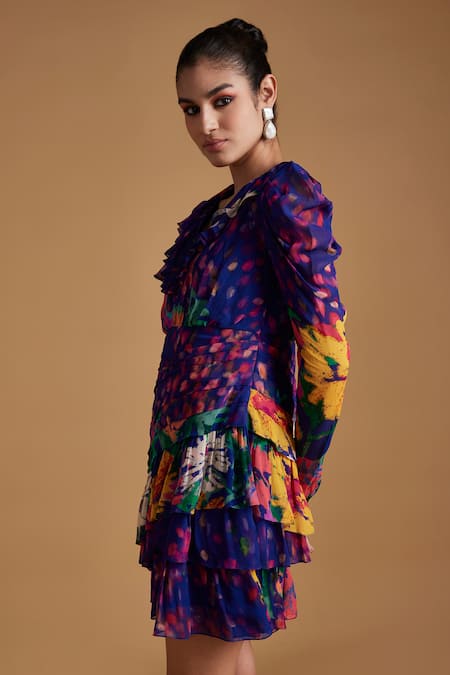 Verb By Pallavi Singhee Blue Viscose, Georgette Ruffles V-neck Floral Print Frilled Short Dress Online at Aza Fashions Verb By Pallavi Singhee_Blue Viscose, Georgette Ruffles V-neck Floral Print Frilled Short Dress _Online_at_Aza_Fashions