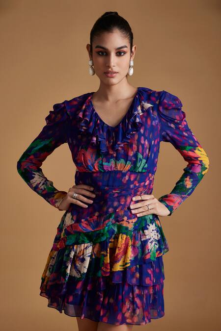 Buy Verb By Pallavi Singhee Blue Viscose, Georgette Ruffles V-neck Floral Print Frilled Short Dress Online at Aza Fashions Buy_Verb By Pallavi Singhee_Blue Viscose, Georgette Ruffles V-neck Floral Print Frilled Short Dress _Online_at_Aza_Fashions