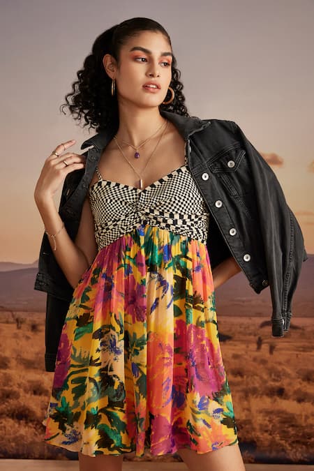 Verb By Pallavi Singhee Yellow Viscose, Georgette V-neck Floral And Checkered Print Dress Online at Aza Fashions Verb By Pallavi Singhee_Yellow Viscose, Georgette V-neck Floral And Checkered Print Dress _Online_at_Aza_Fashions