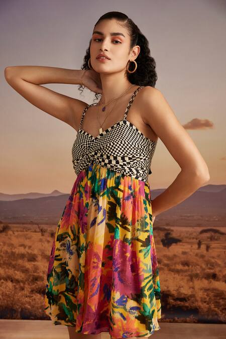 Buy Verb By Pallavi Singhee Yellow Viscose, Georgette V-neck Floral And Checkered Print Dress Online at Aza Fashions Buy_Verb By Pallavi Singhee_Yellow Viscose, Georgette V-neck Floral And Checkered Print Dress _Online_at_Aza_Fashions