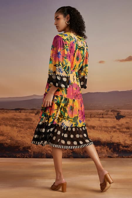 Shop Verb By Pallavi Singhee Yellow Viscose, Georgette Round Neck Floral Print Midi Dress at Aza Fashions Shop_Verb By Pallavi Singhee_Yellow Viscose, Georgette Round Neck Floral Print Midi Dress _at_Aza_Fashions