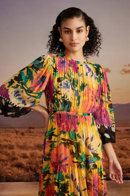 Verb By Pallavi Singhee Yellow Viscose, Georgette Round Neck Floral Print Midi Dress Online at Aza Fashions Verb By Pallavi Singhee_Yellow Viscose, Georgette Round Neck Floral Print Midi Dress _Online_at_Aza_Fashions