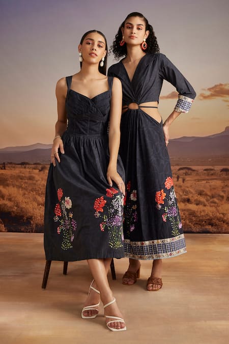 Verb By Pallavi Singhee Blue Cotton Sequins, Beads, Embroidery Sweetheart Neck Dress Online at Aza Fashions Verb By Pallavi Singhee_Blue Cotton Sequins, Beads, Embroidery Sweetheart Neck Dress _Online_at_Aza_Fashions