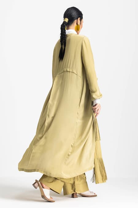 Shop_THREE_Green Crepe Round Neck Solid Long Jacket _at_Aza_Fashions