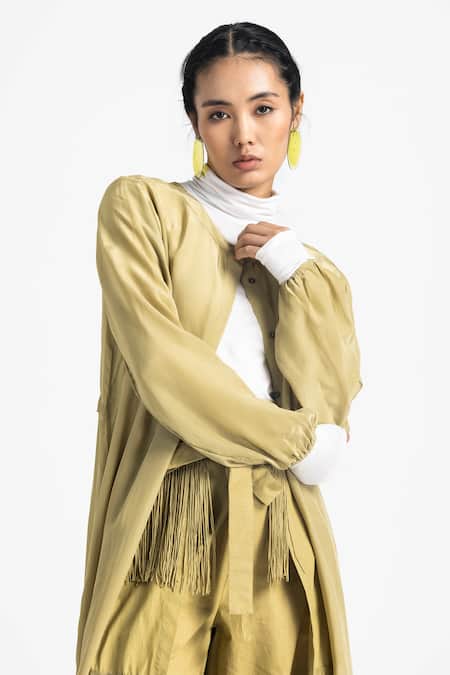 THREE_Green Crepe Round Neck Solid Long Jacket _Online_at_Aza_Fashions