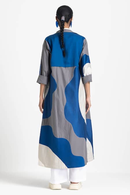 Shop Three Blue Poplin Embroidery Collared Floral Applique Jacket at Aza Fashions Shop_Three_Blue Poplin Embroidery Collared Floral Applique Jacket _at_Aza_Fashions