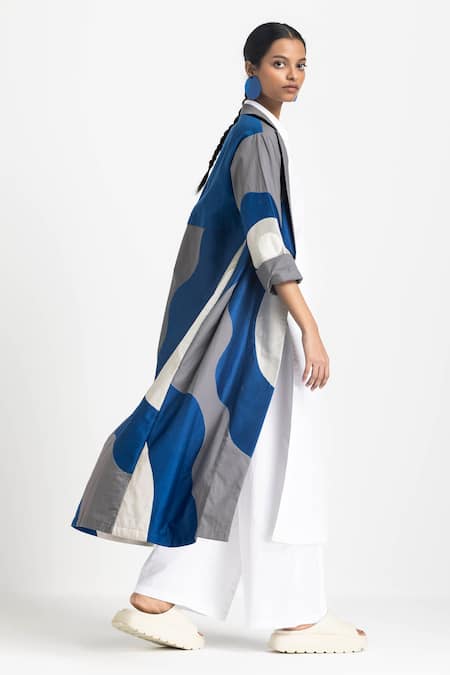 Shop Three Blue Poplin Embroidery Collared Floral Applique Jacket Online at Aza Fashions Shop_Three_Blue Poplin Embroidery Collared Floral Applique Jacket _Online_at_Aza_Fashions