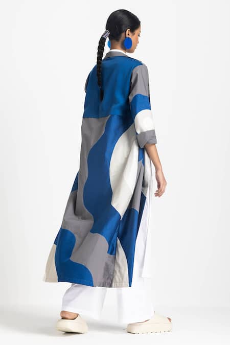 Three Blue Poplin Embroidery Collared Floral Applique Jacket at Aza Fashions Three_Blue Poplin Embroidery Collared Floral Applique Jacket _at_Aza_Fashions