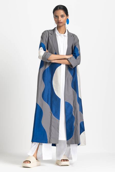 Buy Three Blue Poplin Embroidery Collared Floral Applique Jacket Buy_Three_Blue Poplin Embroidery Collared Floral Applique Jacket