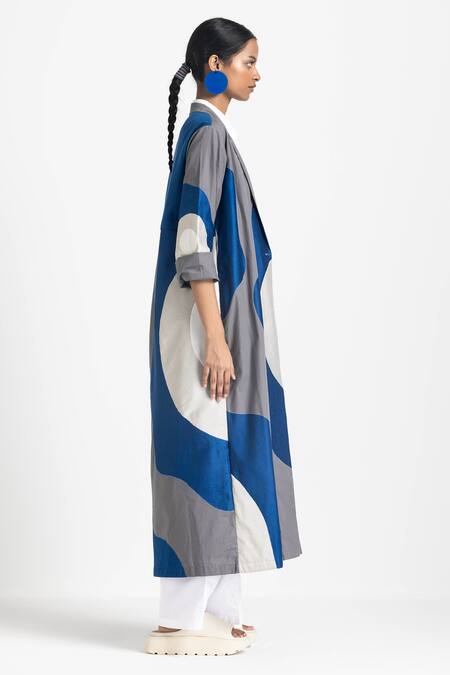 Shop Three Blue Poplin Embroidery Collared Floral Applique Jacket Shop_Three_Blue Poplin Embroidery Collared Floral Applique Jacket