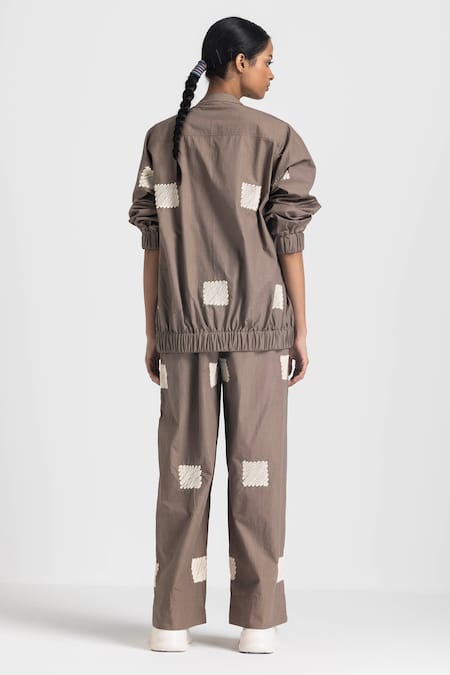 Shop_Three_Brown Poplin Embroidery Round Neck Wave Bomber Jacket _at_Aza_Fashions