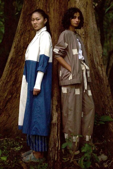 Three_Brown Poplin Embroidery Round Neck Wave Bomber Jacket _Online_at_Aza_Fashions