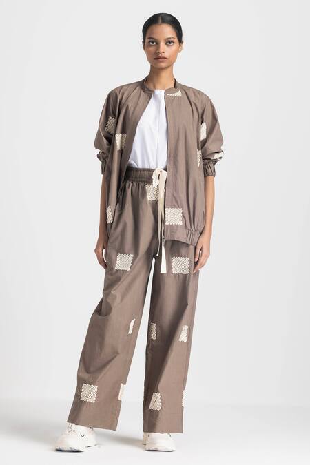 Buy_Three_Brown Poplin Embroidery Round Neck Wave Bomber Jacket _Online_at_Aza_Fashions