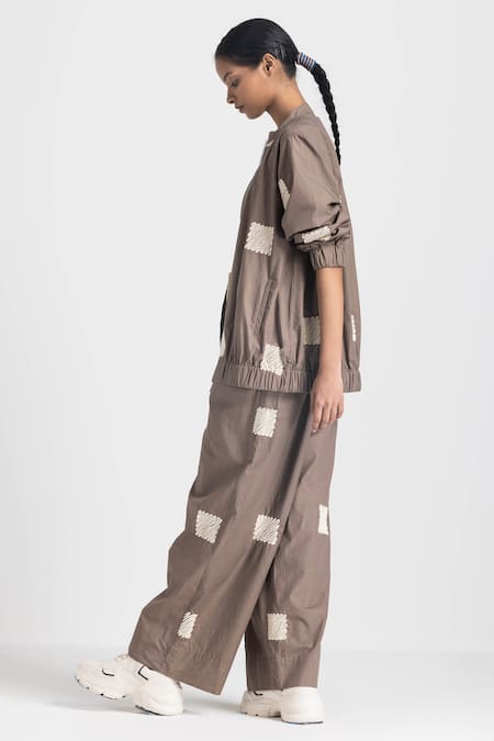 Shop_Three_Brown Poplin Embroidery Round Neck Wave Bomber Jacket _Online_at_Aza_Fashions