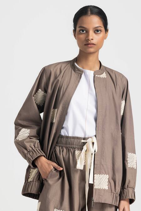 Three_Brown Poplin Embroidery Round Neck Wave Bomber Jacket _at_Aza_Fashions