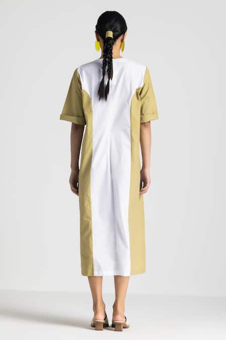 Shop Three White Poplin Round Neck And Green Contrast Panel Midi Dress at Aza Fashions Shop_Three_White Poplin Round Neck And Green Contrast Panel Midi Dress _at_Aza_Fashions