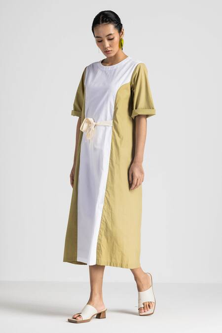 Three White Poplin Round Neck And Green Contrast Panel Midi Dress Online at Aza Fashions Three_White Poplin Round Neck And Green Contrast Panel Midi Dress _Online_at_Aza_Fashions