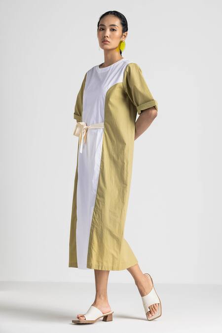 Buy Three White Poplin Round Neck And Green Contrast Panel Midi Dress Online at Aza Fashions Buy_Three_White Poplin Round Neck And Green Contrast Panel Midi Dress _Online_at_Aza_Fashions