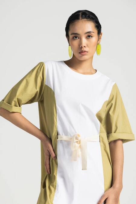 Shop Three White Poplin Round Neck And Green Contrast Panel Midi Dress Online at Aza Fashions Shop_Three_White Poplin Round Neck And Green Contrast Panel Midi Dress _Online_at_Aza_Fashions