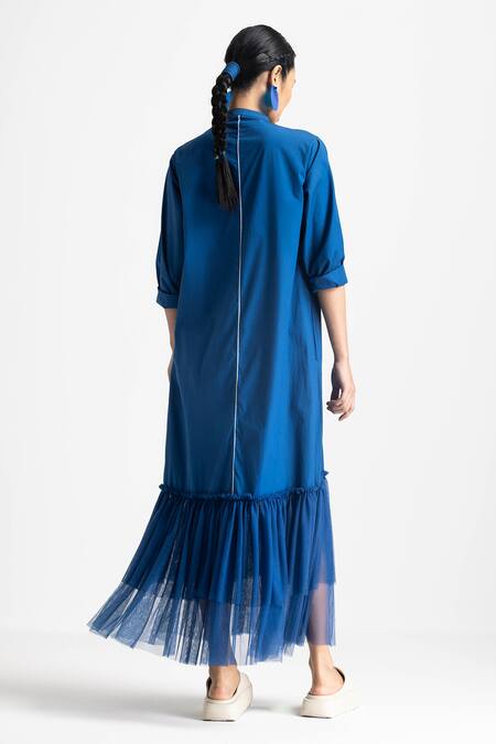 Shop Three Blue Poplin, Net Mandarin Collar Frilled Hem Maxi Dress at Aza Fashions Shop_Three_Blue Poplin, Net Mandarin Collar Frilled Hem Maxi Dress _at_Aza_Fashions