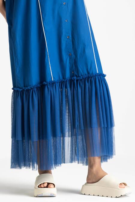 Three Blue Poplin, Net Mandarin Collar Frilled Hem Maxi Dress Online at Aza Fashions Three_Blue Poplin, Net Mandarin Collar Frilled Hem Maxi Dress _Online_at_Aza_Fashions
