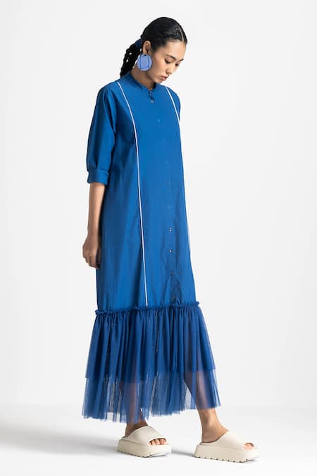 Buy Three Blue Poplin, Net Mandarin Collar Frilled Hem Maxi Dress Online at Aza Fashions Buy_Three_Blue Poplin, Net Mandarin Collar Frilled Hem Maxi Dress _Online_at_Aza_Fashions