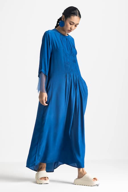 AMALFI SOLID BLUE TEXTURED RAYON CREPE SLEEVE LESS MAXI DRESS WITH HAND  EMBROIDERED NECK