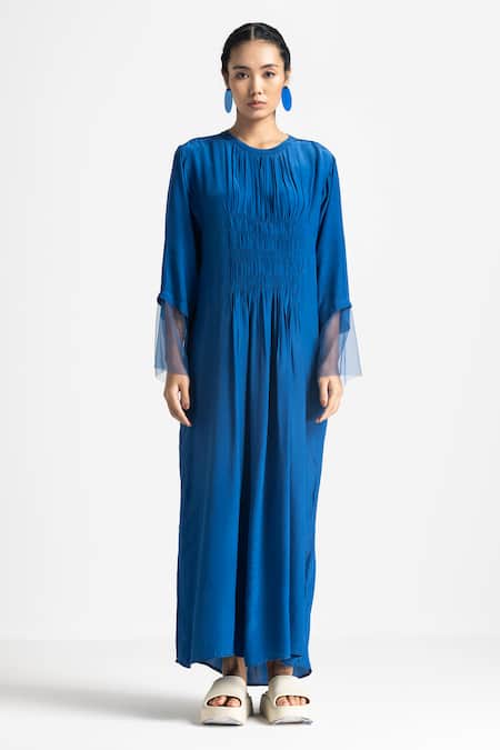 Shop Three Blue Crepe Round Neck Elastic Waist Maxi Dress at Aza Fashions Shop_Three_Blue Crepe Round Neck Elastic Waist Maxi Dress _at_Aza_Fashions