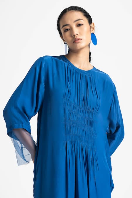 Three Blue Crepe Round Neck Elastic Waist Maxi Dress Online at Aza Fashions Three_Blue Crepe Round Neck Elastic Waist Maxi Dress _Online_at_Aza_Fashions
