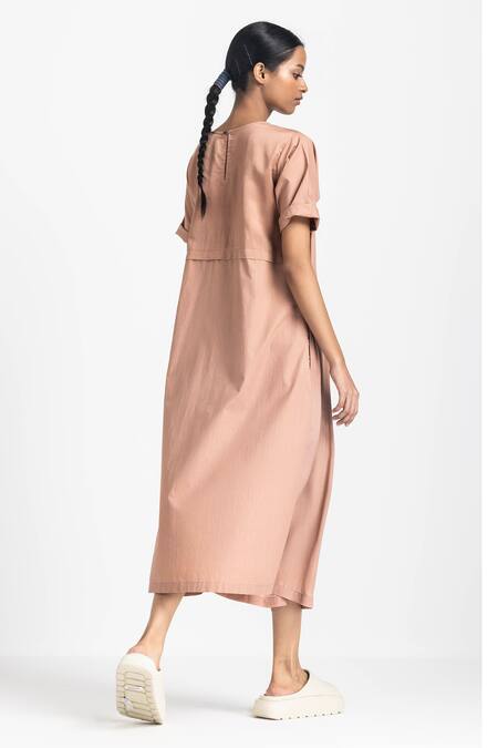 Shop Three Pink Chanderi, Crepe, Poplin Round Neck Gathered Yoke Midi Dress at Aza Fashions Shop_Three_Pink Chanderi, Crepe, Poplin Round Neck Gathered Yoke Midi Dress _at_Aza_Fashions
