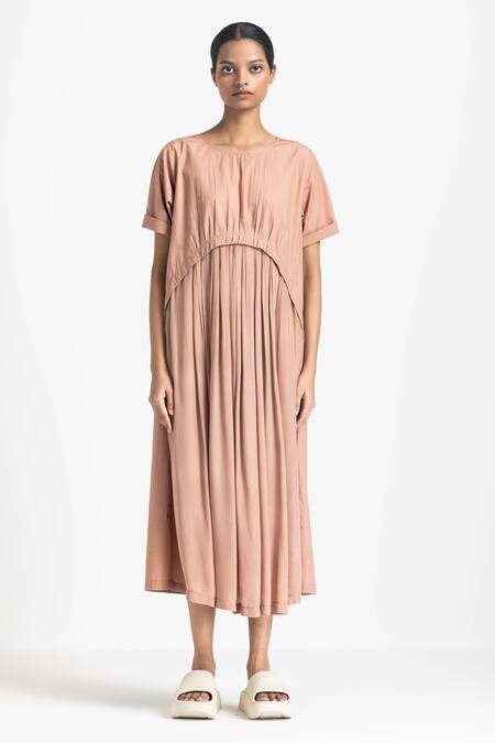 Three Pink Chanderi, Crepe, Poplin Round Neck Gathered Yoke Midi Dress Online at Aza Fashions Three_Pink Chanderi, Crepe, Poplin Round Neck Gathered Yoke Midi Dress _Online_at_Aza_Fashions
