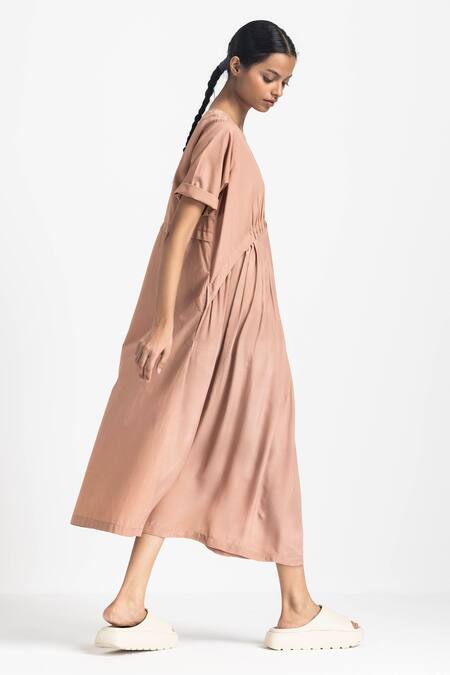 Buy Three Pink Chanderi, Crepe, Poplin Round Neck Gathered Yoke Midi Dress Online at Aza Fashions Buy_Three_Pink Chanderi, Crepe, Poplin Round Neck Gathered Yoke Midi Dress _Online_at_Aza_Fashions