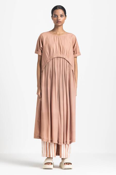 Shop Three Pink Chanderi, Crepe, Poplin Round Neck Gathered Yoke Midi Dress Online at Aza Fashions Shop_Three_Pink Chanderi, Crepe, Poplin Round Neck Gathered Yoke Midi Dress _Online_at_Aza_Fashions